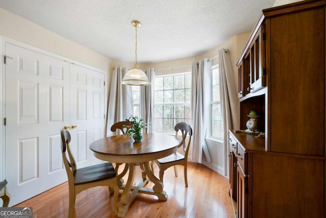 dining room with a textured ceiling and light hardwood / wood-style floors