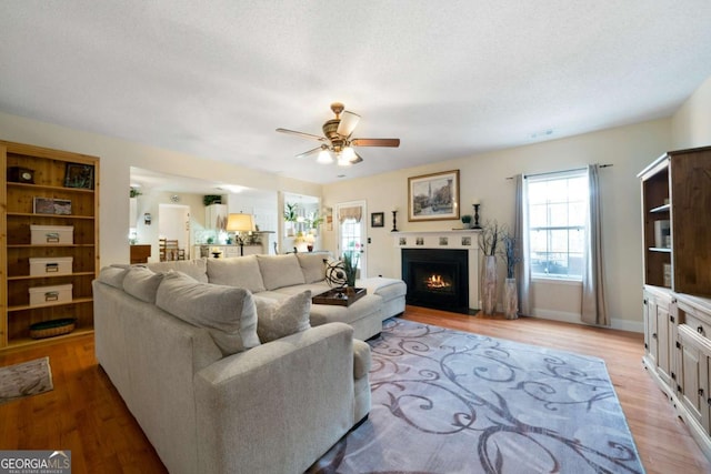 living room featuring ceiling fan, light hardwood / wood-style floors, and a textured ceiling