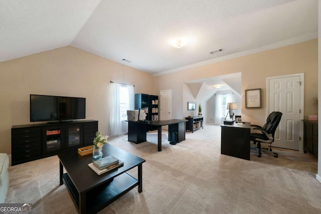 carpeted living room with vaulted ceiling