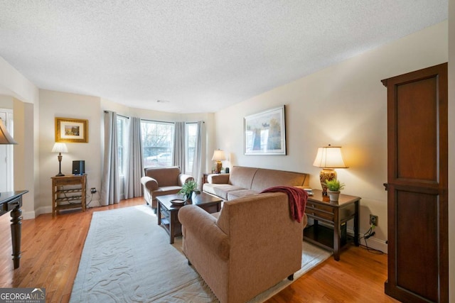 living room featuring a textured ceiling and light hardwood / wood-style flooring