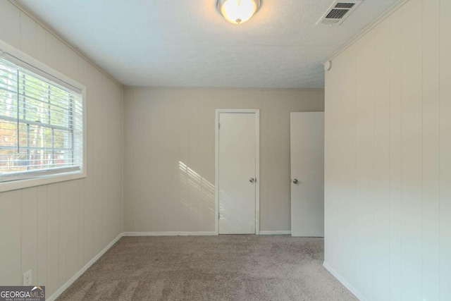 carpeted spare room featuring wooden walls