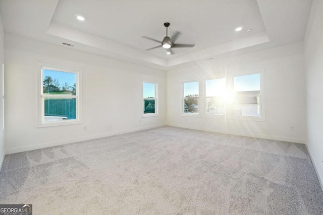 carpeted spare room with ceiling fan, a healthy amount of sunlight, and a tray ceiling