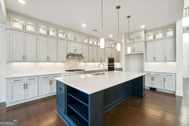 kitchen featuring decorative backsplash, a kitchen island with sink, sink, and dark hardwood / wood-style floors