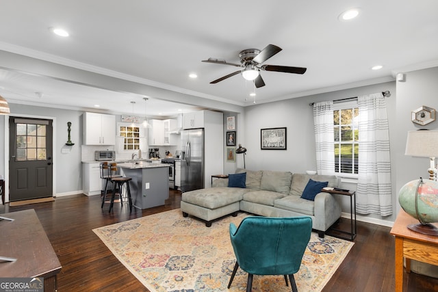 living room with dark hardwood / wood-style floors, ceiling fan, crown molding, and sink