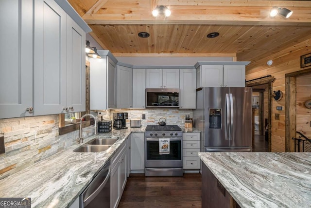 kitchen with wood walls, dark wood-type flooring, sink, light stone countertops, and appliances with stainless steel finishes