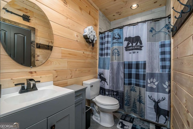 bathroom with vanity, a shower with curtain, wooden walls, toilet, and wood ceiling