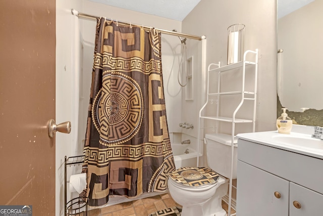 full bathroom with shower / bath combination with curtain, toilet, and vanity