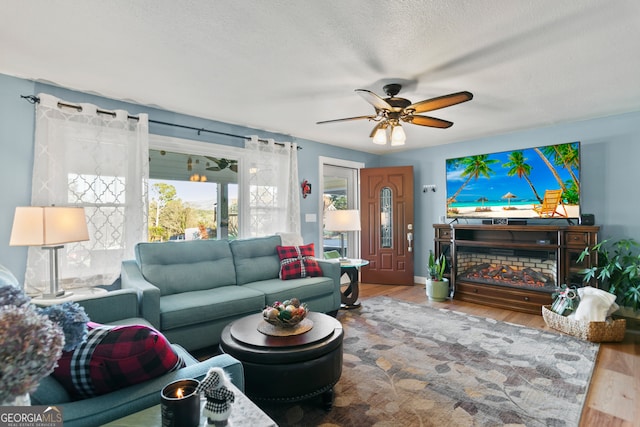 living room with a textured ceiling, hardwood / wood-style flooring, and ceiling fan