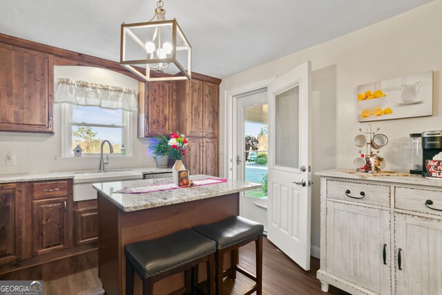 131 Logan Cir, Ellijay, GA 30540 - kitchen with dark wood-style floors, healthy amount of natural light, a kitchen island, and decorative light fixtures