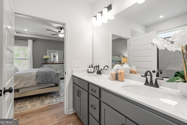 bathroom featuring ceiling fan, hardwood / wood-style floors, and vanity