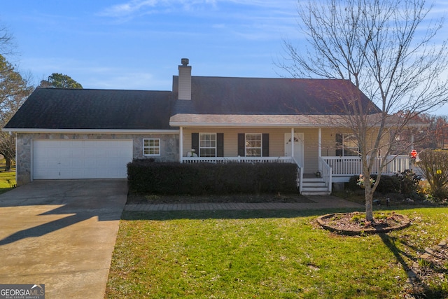 ranch-style house with a chimney, a porch, concrete driveway, a front yard, and a garage