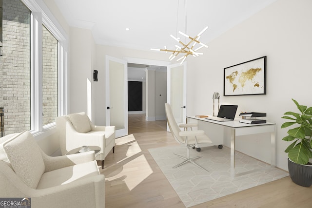 office area with french doors, light wood-type flooring, an inviting chandelier, and ornamental molding