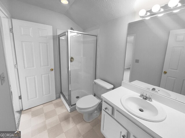 4279 Orchard Grv, Stone Mountain, GA 30083 - bathroom with tile patterned floors, a shower stall, vanity, vaulted ceiling, and a textured ceiling