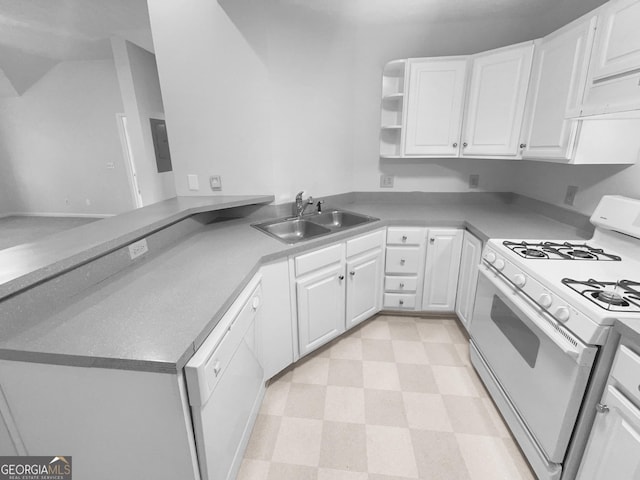 4279 Orchard Grv, Stone Mountain, GA 30083 - kitchen featuring white appliances, white cabinets, light floors, a peninsula, and open shelves