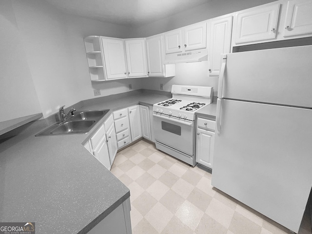 4279 Orchard Grv, Stone Mountain, GA 30083 - kitchen featuring white appliances, exhaust hood, light flooring, white cabinets, and open shelves
