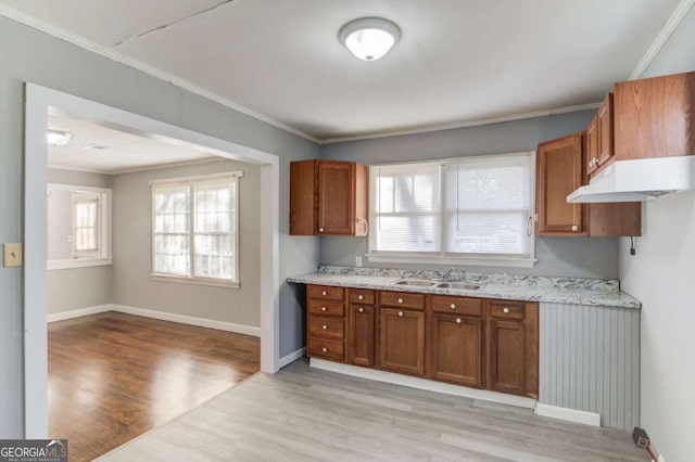 kitchen with light hardwood / wood-style floors, sink, light stone countertops, and crown molding