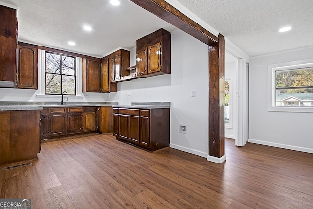 kitchen featuring a healthy amount of sunlight, dark hardwood / wood-style flooring, dark brown cabinetry, and a textured ceiling