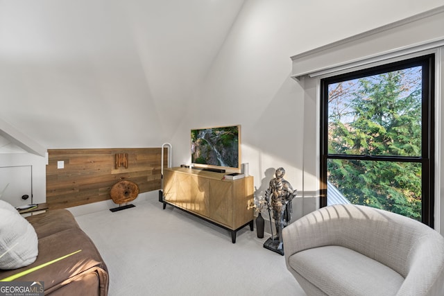 carpeted living room with lofted ceiling and wood walls