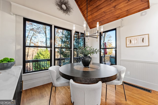 dining area with plenty of natural light, lofted ceiling, and light hardwood / wood-style flooring