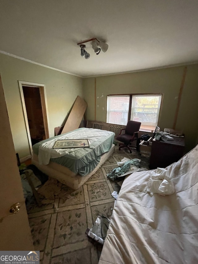 bedroom with radiator heating unit, rail lighting, and ornamental molding