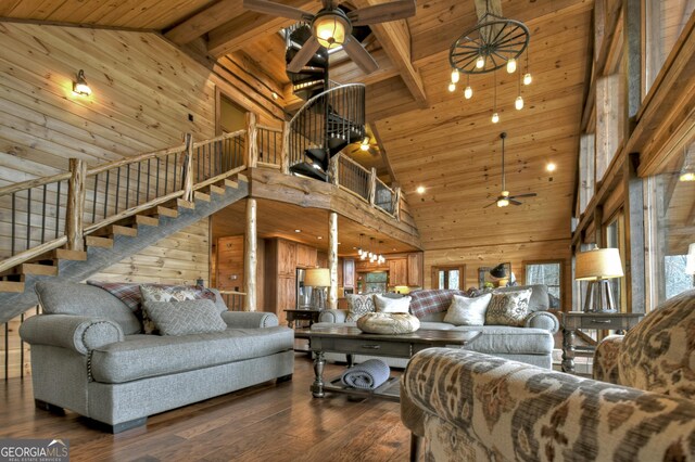 living room with wooden ceiling, beamed ceiling, high vaulted ceiling, dark hardwood / wood-style floors, and wooden walls