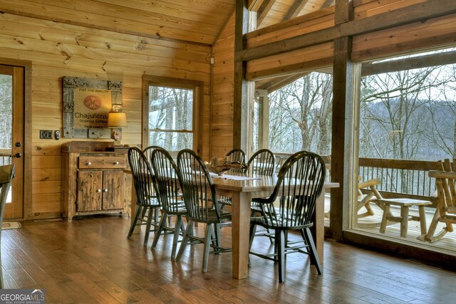 dining area featuring dark hardwood / wood-style floors, wood walls, wooden ceiling, and vaulted ceiling