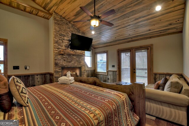 bedroom featuring ceiling fan, wooden walls, wooden ceiling, and vaulted ceiling