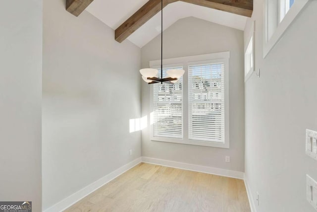 unfurnished dining area with vaulted ceiling with beams, light wood-type flooring, and a chandelier