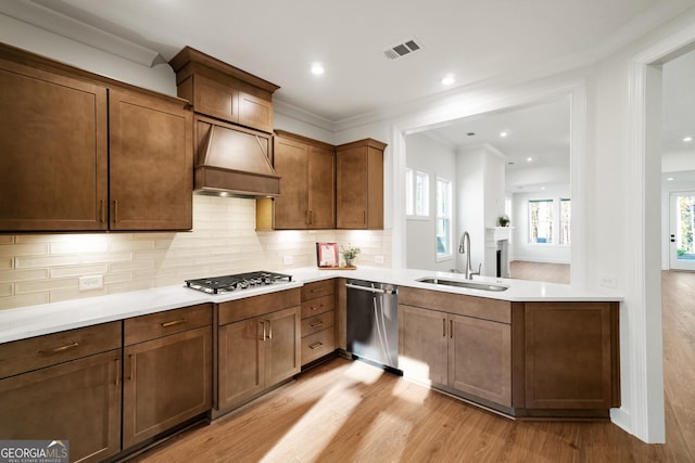 kitchen with stainless steel appliances, light hardwood / wood-style floors, sink, decorative backsplash, and premium range hood