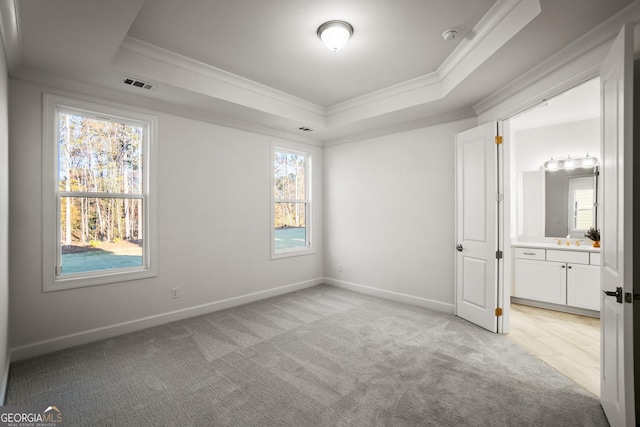 unfurnished bedroom featuring sink, light carpet, a raised ceiling, and ensuite bath