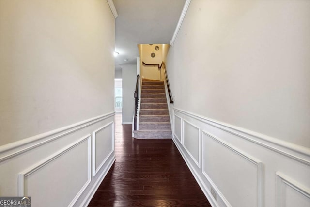 hallway featuring dark hardwood / wood-style flooring and ornamental molding