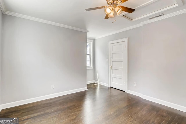 unfurnished room with dark hardwood / wood-style flooring, ceiling fan, and crown molding