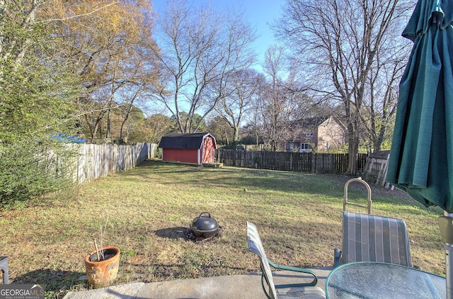 view of yard featuring a storage unit