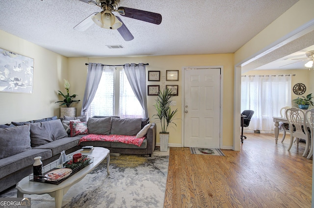 living room featuring wood-type flooring, a textured ceiling, and ceiling fan