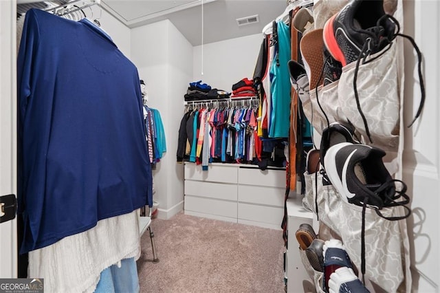 walk in closet with carpet flooring