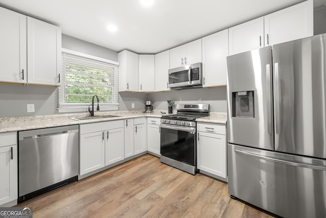 kitchen featuring white cabinetry, sink, light hardwood / wood-style floors, and appliances with stainless steel finishes