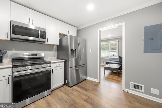 kitchen with electric panel, white cabinetry, and appliances with stainless steel finishes