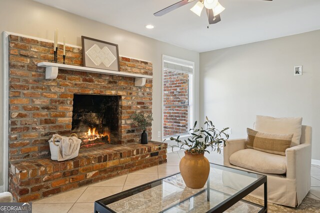 tiled living room with recessed lighting, a ceiling fan, and a fireplace