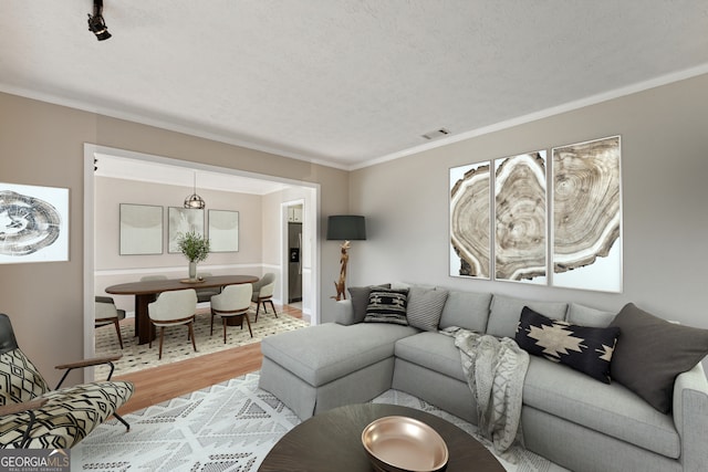 living room featuring crown molding and wood-type flooring