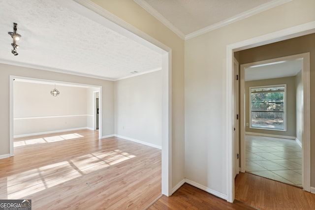 interior space with wood-type flooring, ornamental molding, and a textured ceiling