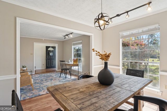 dining space featuring ornamental molding, a notable chandelier, wood finished floors, and a textured ceiling