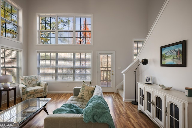 260 Wildcat Lake Dr, Lawrenceville, GA 30043 - living room featuring a high ceiling, stairway, and wood finished floors