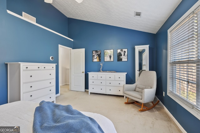 260 Wildcat Lake Dr, Lawrenceville, GA 30043 - carpeted bedroom featuring vaulted ceiling and a textured ceiling
