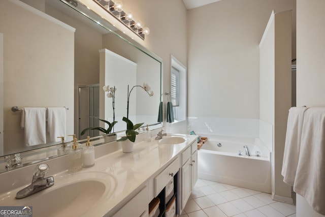 260 Wildcat Lake Dr, Lawrenceville, GA 30043 - bathroom with a bath, tile patterned flooring, double vanity, and a shower stall