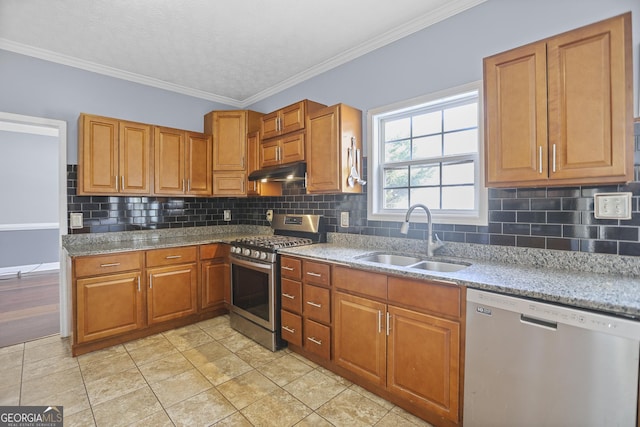 kitchen featuring sink, appliances with stainless steel finishes, ornamental molding, light stone countertops, and light tile patterned flooring