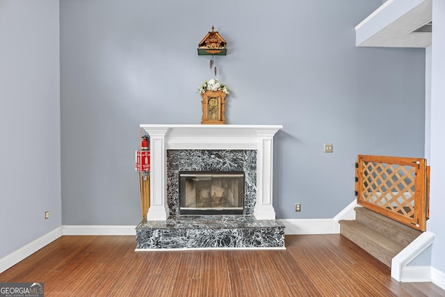 room details with a fireplace and hardwood / wood-style floors