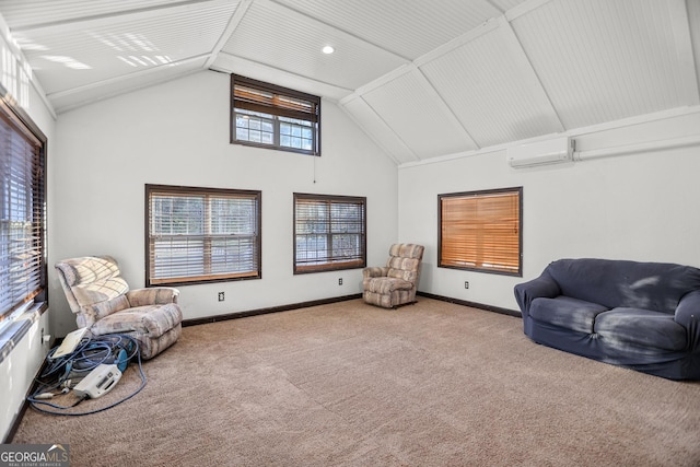 living area featuring a wall mounted air conditioner, carpet floors, and vaulted ceiling