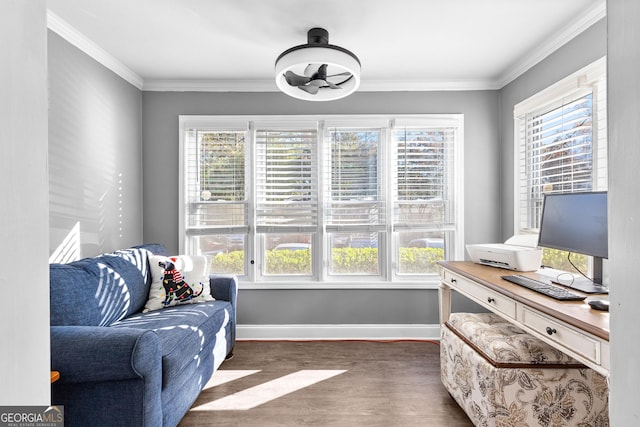 sitting room with ornamental molding, dark wood-type flooring, and a healthy amount of sunlight