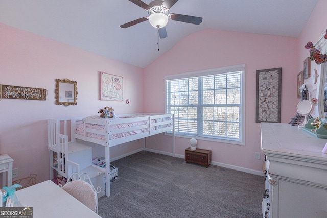 bedroom featuring ceiling fan, carpet floors, and vaulted ceiling