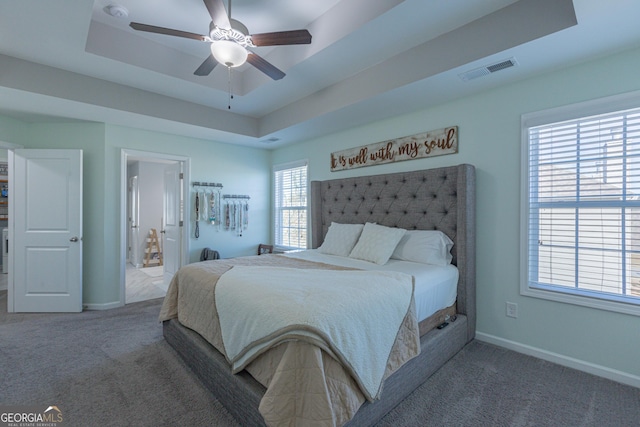 bedroom with a raised ceiling, multiple windows, ceiling fan, and carpet